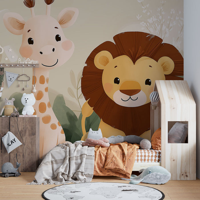 Papier peint animaux mignons | Girafe et lion stylisés au milieu de la jungle