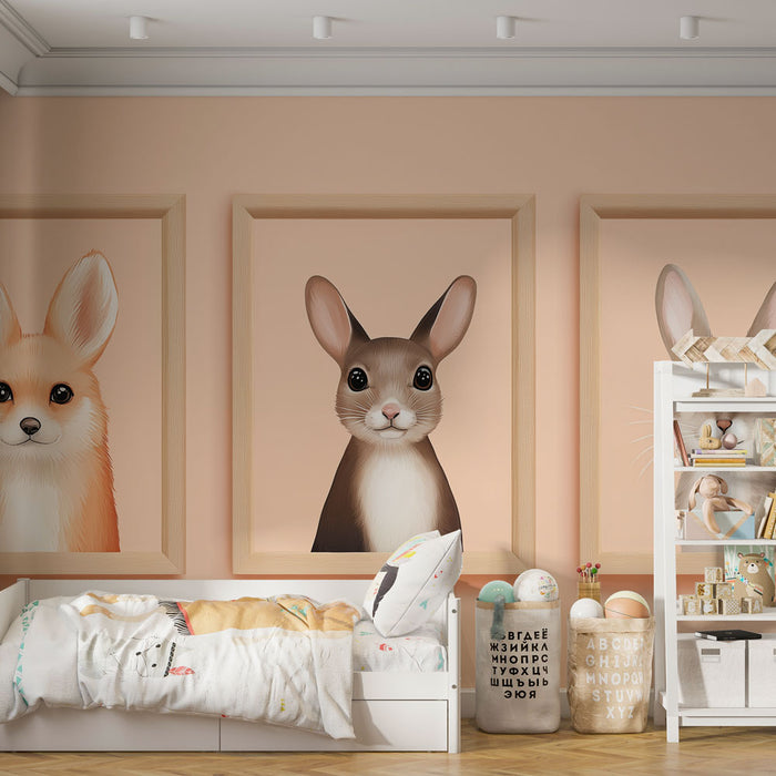 Une chambre d'enfant avec un papier peint illustrant des animaux mignons, dont un lapin et un renard, créant une atmosphère ludique et chaleureuse.