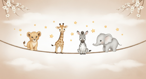 Papier peint animaux mignons Lion, girafe, zèbre et éléphant sur une corde avec des étoiles