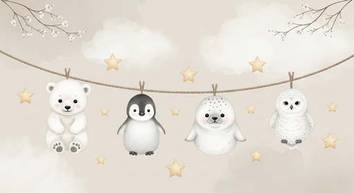 Papier peint animaux mignons Ourson, pingouin, une otarie et une chouette sous des étoiles dorées