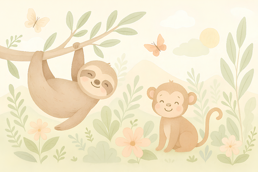 Papier peint animaux mignons Paresseux joyeux et singe souriant dans un cadre naturel