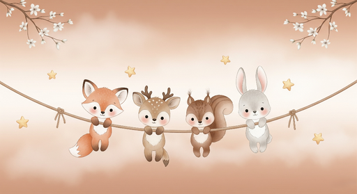 Papier peint animaux mignons Quatre adorables animaux suspendus avec des étoiles dorées