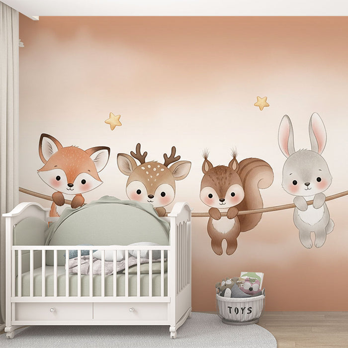 Une chambre d'enfant avec un papier peint illustré représentant des animaux mignons, sur un fond dégradé doux, créant une atmosphère chaleureuse et ludique.