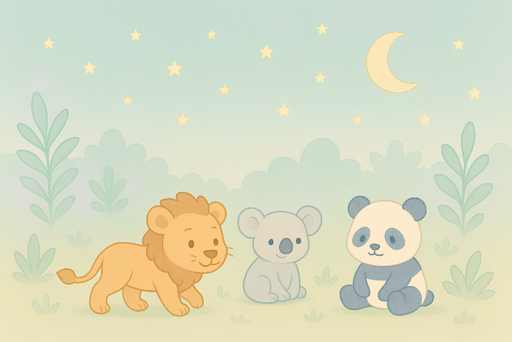 Papier peint animaux mignons Un lion, un koala et un panda sous les étoiles