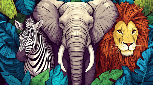 Papier peint animaux sauvages Éléphant, Lion et Zèbre entourés de feuillage coloré