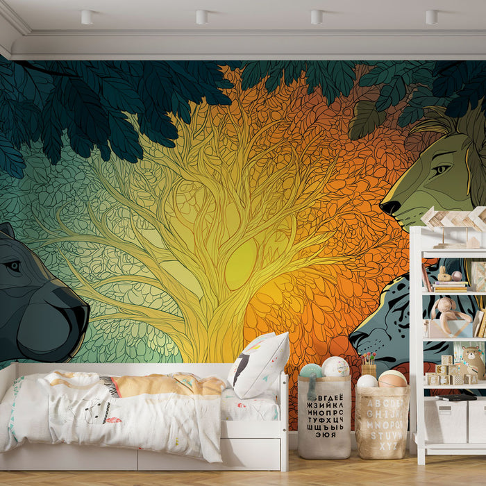 Une chambre enfantine avec un papier peint illustrant des animaux sauvages et un arbre stylisé, créant une ambiance ludique et chaleureuse.
