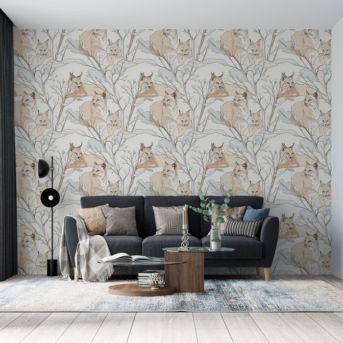 Un salon moderne avec un papier peint illustrant des renards sur des branches, dans des teintes douces de beige et bleu, créant une atmosphère chaleureuse et apaisante.