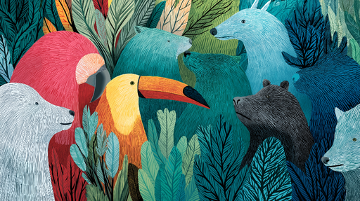 Papier peint animaux sauvages Un patchwork coloré d'animaux dans une forêt