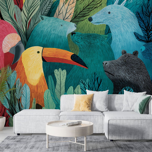 Un salon contemporain avec un papier peint tropical vibrant représentant des animaux stylisés et des feuillages colorés, créant une ambiance ludique et exotique.