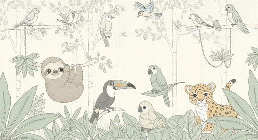 Papier peint animaux tropicaux Un sloth, des toucans et des léopards dans une jungle paisible