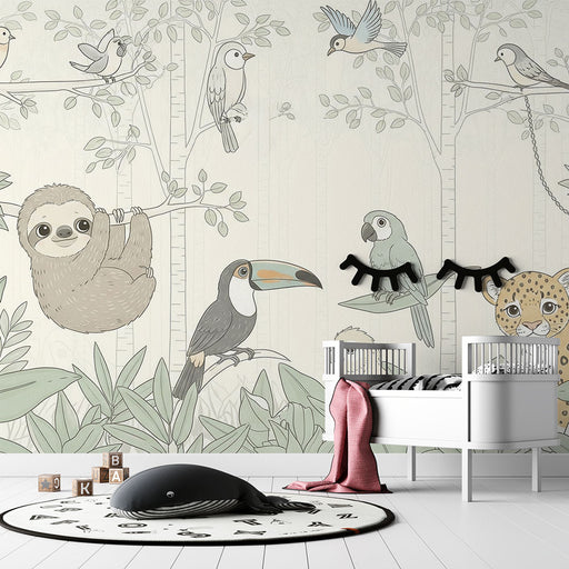 Une chambre d'enfant avec un papier peint illustré de faune tropicale, représentant des animaux ludiques sur fond clair, créant une atmosphère joyeuse et accueillante.