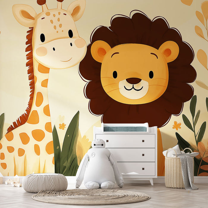 Papier peint animaux | Une girafe et un lion dans un décor doux