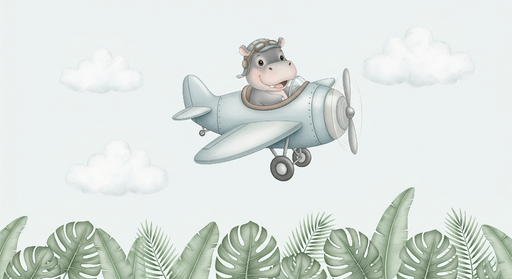 Papier peint animaux volants Un hippopotame pilote son avion au milieu des nuages