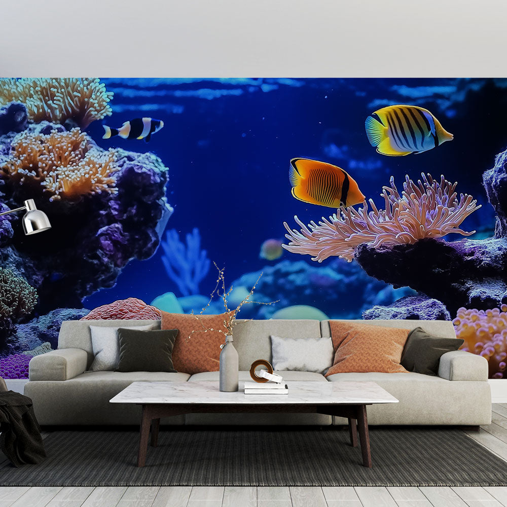 Poissons Tropicaux Bleu papier peint design marin réaliste moderne Poissons Tropicaux Bleu papier peint design marin réaliste moderne