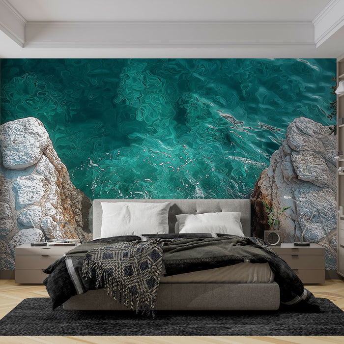 Une chambre moderne avec un papier peint représentant une vue aérienne d'une mer turquoise et de rochers, créant une ambiance apaisante et relaxante.