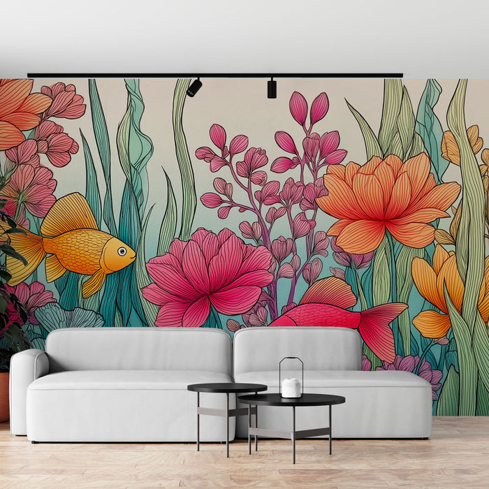 Un salon moderne avec un papier peint floral vibrant représentant des poissons dorés et des fleurs roses et orange, créant une ambiance joyeuse et dynamique.