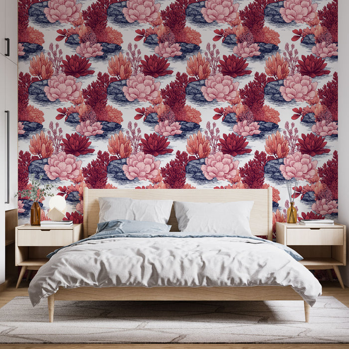 Une chambre moderne avec un papier peint floral aux teintes rouges et roses, représentant des plantes aquatiques sur fond clair, créant une atmosphère apaisante et naturelle.
