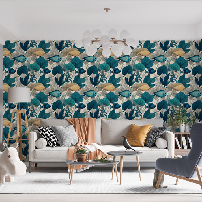 Un salon moderne avec un papier peint tropical aux motifs de feuilles et de poissons dans des teintes turquoise et dorées, créant une ambiance vivante et apaisante.