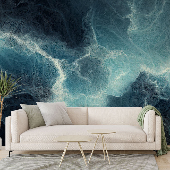 Un salon moderne avec un papier peint abstrait aux nuances de bleu et noir, créant une atmosphère apaisante et dynamique.