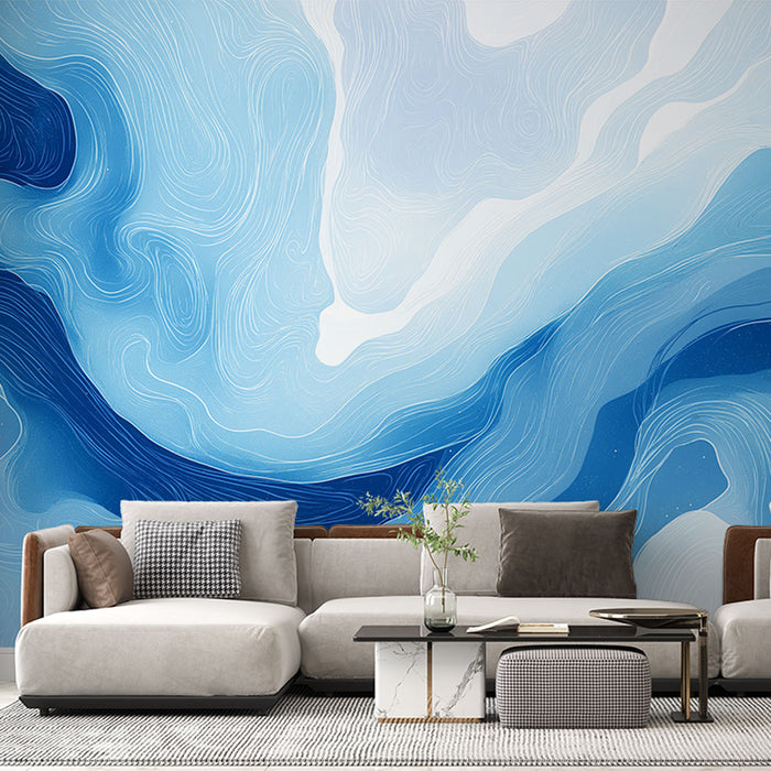 Un salon moderne avec un papier peint abstrait aux nuances de bleu évoquant des vagues fluides, créant une ambiance apaisante et sereine.