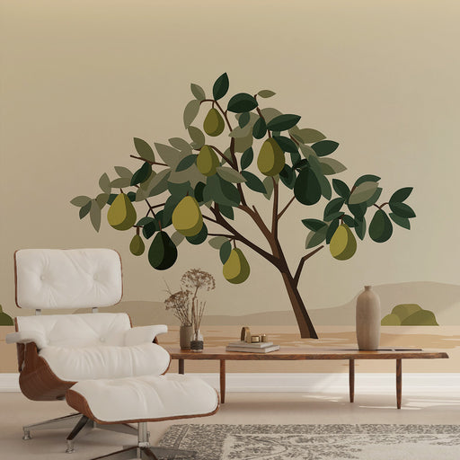 Une pièce moderne avec un papier peint illustrant un arbre à poires stylisé, aux teintes vertes et brunes, créant une atmosphère naturelle et apaisante.