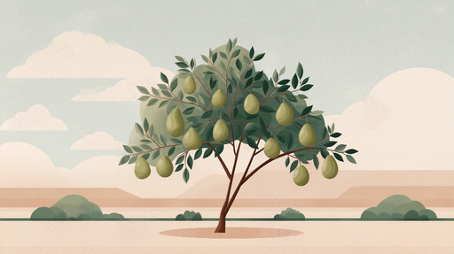 Papier peint arbre à avocats Un arbre stylisé avec des avocats suspendus dans un paysage doux