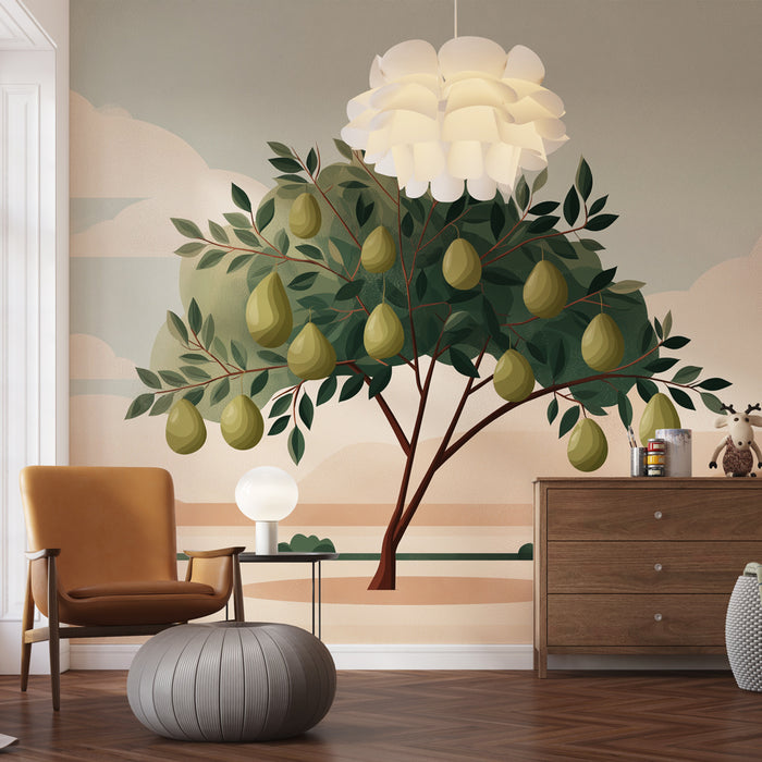 Une pièce moderne avec un papier peint illustrant un arbre à poires stylisé sur fond pastel, créant une ambiance fraîche et naturelle.