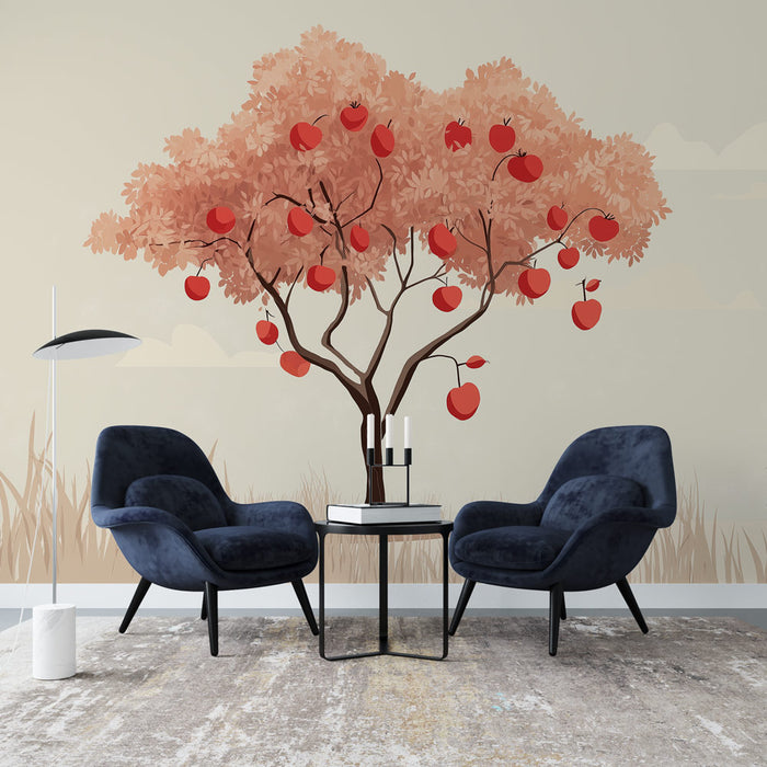 Une salle de séjour moderne avec un papier peint illustrant un arbre aux feuilles rouges et aux pommes, créant une ambiance chaleureuse et accueillante.