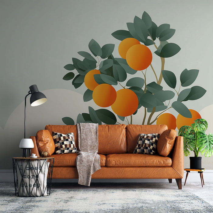 Un salon contemporain avec un papier peint illustrant des oranges stylisées sur un fond doux, créant une atmosphère fraîche et accueillante.