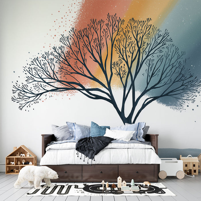 Une chambre moderne avec un papier peint artistique représentant un arbre stylisé noir sur un dégradé de couleurs chaudes et froides, créant une ambiance inspirante et apaisante.