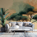 Un salon contemporain avec un papier peint représentant des arbres stylisés en vert et orange sur fond beige, créant une ambiance apaisante et naturelle.