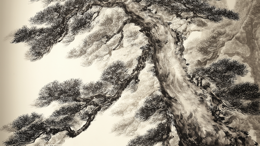 Papier peint arbre asiatique Détails en noir et blanc d'un arbre majestueux