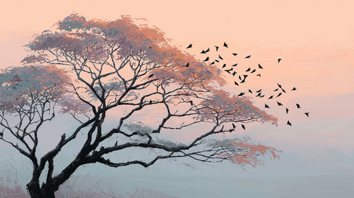 Papier peint arbre au crépuscule Silhouette d'un arbre avec des feuilles pastel et des oiseaux s'envolant