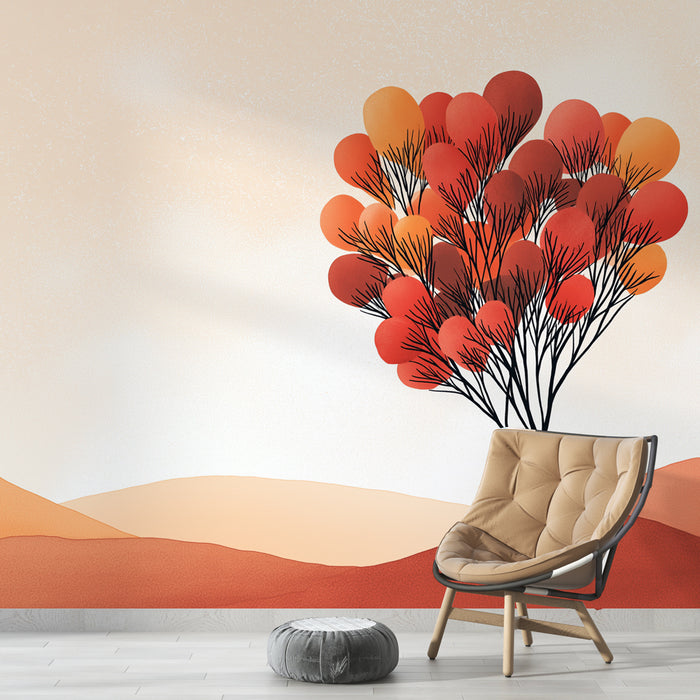 Une pièce moderne avec un papier peint représentant un arbre stylisé aux feuilles rouge et orange sur un fond doux, créant une ambiance chaleureuse et accueillante.