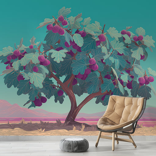 Une pièce moderne avec un papier peint représentant un arbre fruitier aux feuilles vertes et aux fruits violets, créant une ambiance fraîche et naturelle.