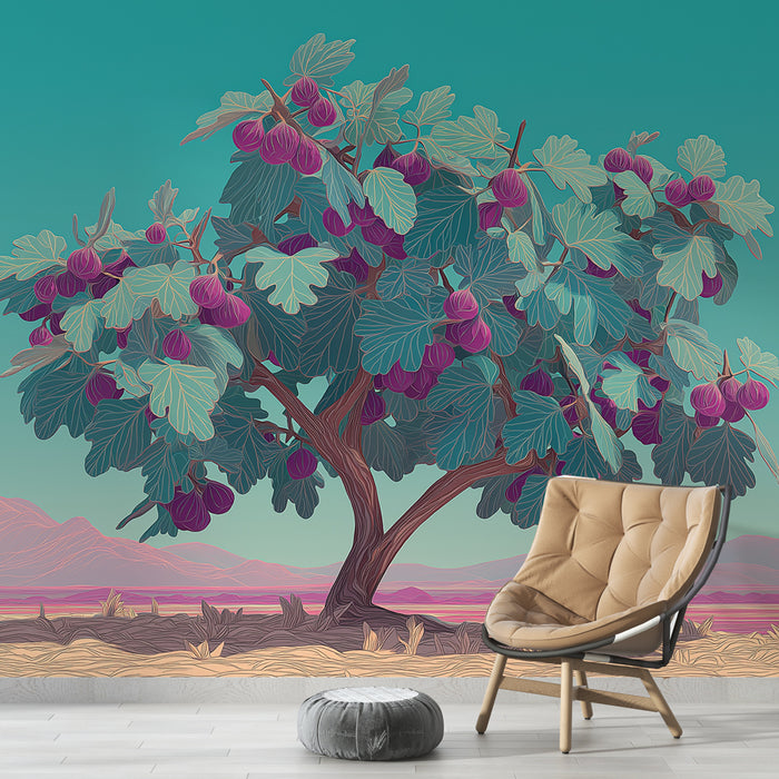 Une pièce moderne avec un papier peint représentant un arbre fruitier aux feuilles vertes et aux fruits violets, créant une ambiance fraîche et naturelle.