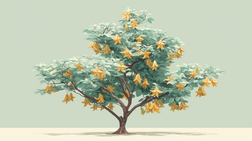 Papier peint arbre aux fleurs étoilées Arbre avec des fleurs jaunes en étoile sur un fond apaisant