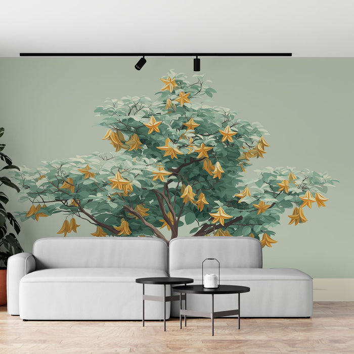 Un salon moderne avec un papier peint représentant un arbre aux fleurs jaunes sur un fond vert doux, créant une ambiance naturelle et apaisante.