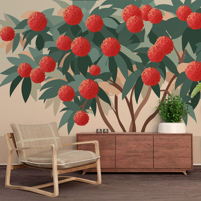Une salle de séjour avec un papier peint tropical représentant un arbre aux fruits rouges éclatants sur un fond beige, créant une ambiance vivante et chaleureuse.