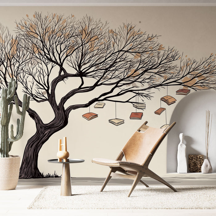 Une pièce lumineuse avec un papier peint illustrant un arbre stylisé aux branches nues, suspendant des livres colorés, créant une ambiance artistique et inspirante.