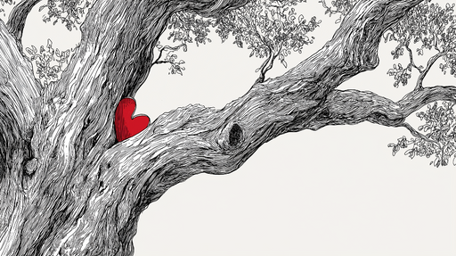 Papier peint arbre avec cœur Branches d'arbre en noir et blanc avec un cœur rouge