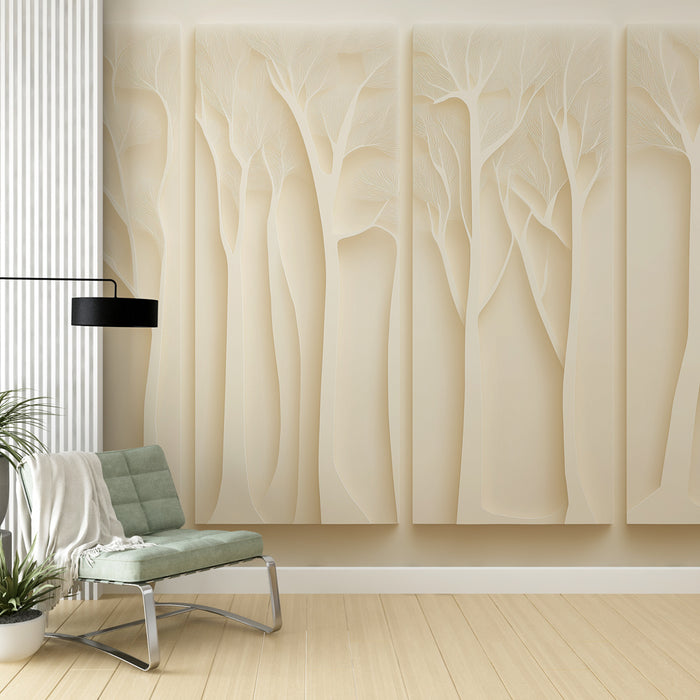 Une pièce moderne avec un papier peint texturé crème représentant des arbres stylisés, créant une ambiance apaisante et naturelle.
