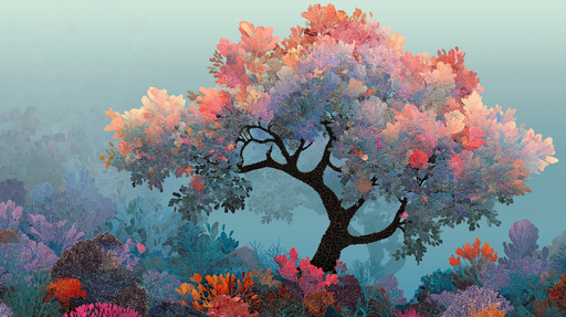 Papier peint arbre coloré Un arbre majestueux aux feuilles pastel flamboyantes