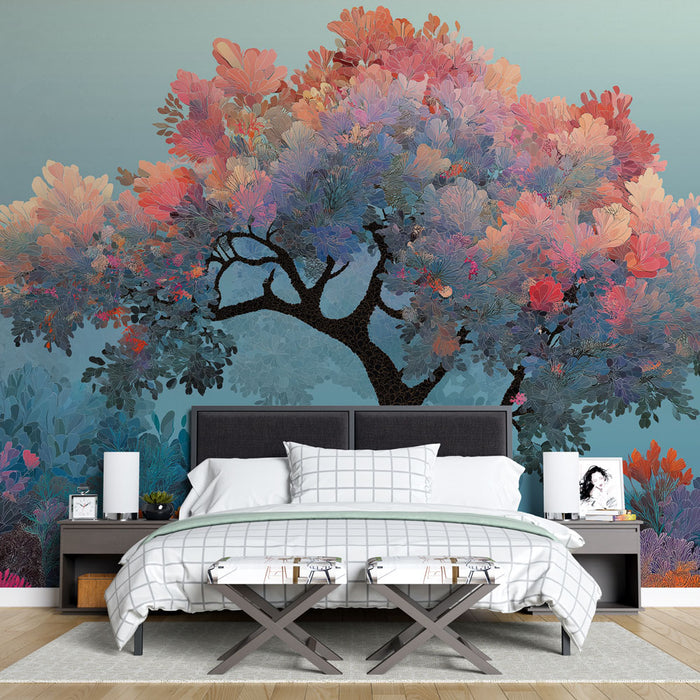 Une chambre moderne avec un papier peint représentant un arbre aux feuillages colorés et texturés, créant une atmosphère apaisante et artistique.