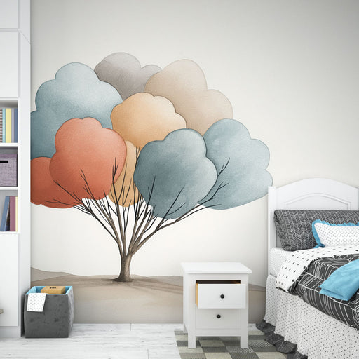 Une chambre moderne avec un papier peint illustrant un arbre stylisé aux feuillages pastel, créant une atmosphère douce et apaisante.