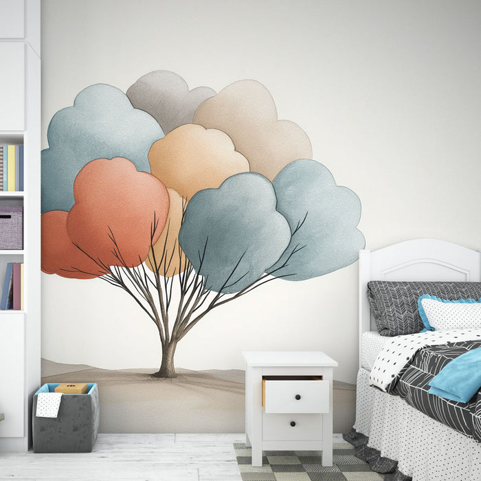 Une chambre moderne avec un papier peint illustrant un arbre stylisé aux feuillages pastel, créant une atmosphère douce et apaisante.