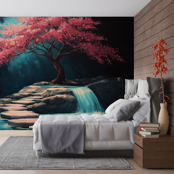 Une chambre apaisante avec un papier peint représentant un arbre aux feuilles roses et une cascade sur fond sombre, créant une atmosphère sereine et contemplative.