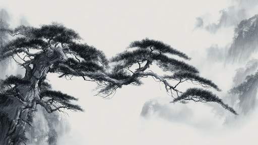 Papier peint arbre de pin Un majestueux pin stylisé dans une ambiance brumeuse