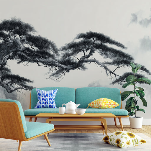 Un salon moderne avec un papier peint représentant un majestueux arbre en noir et blanc, créant une ambiance zen et apaisante.