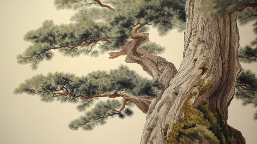 Papier peint arbre de pins Détails artistiques d'un tronc noueux et de feuillage luxuriant